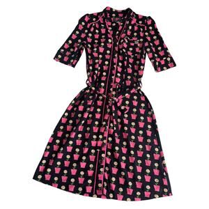 Tante Betsy Black & Pink Potted Daisy Pin Up Retro Rockabilly Dress Womens Small